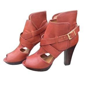 Kelsi Dagger Cognac Marcelle Buckled Heel - brown leather heel sandal boot - 10